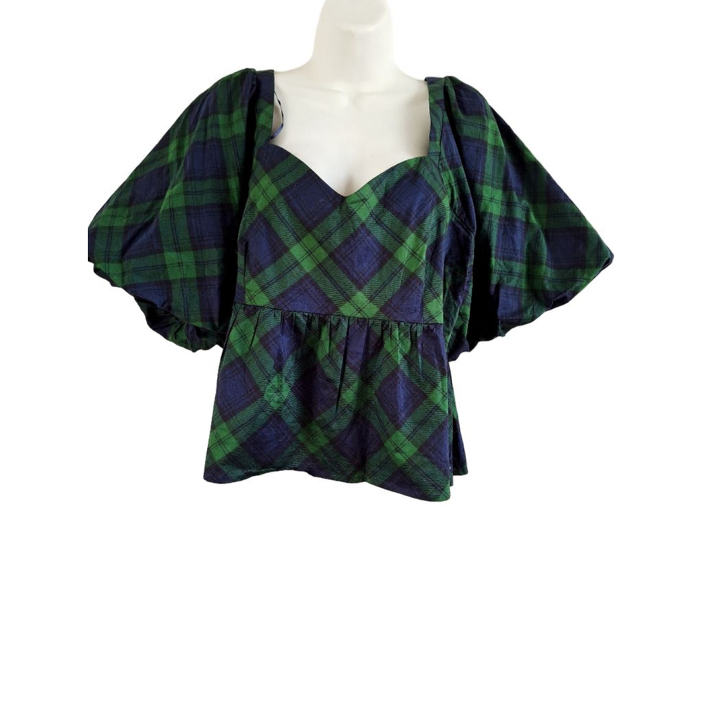 Old Navy Plaid Blouse XL Green Blue Puff Sleeve milkmaid dark academia
